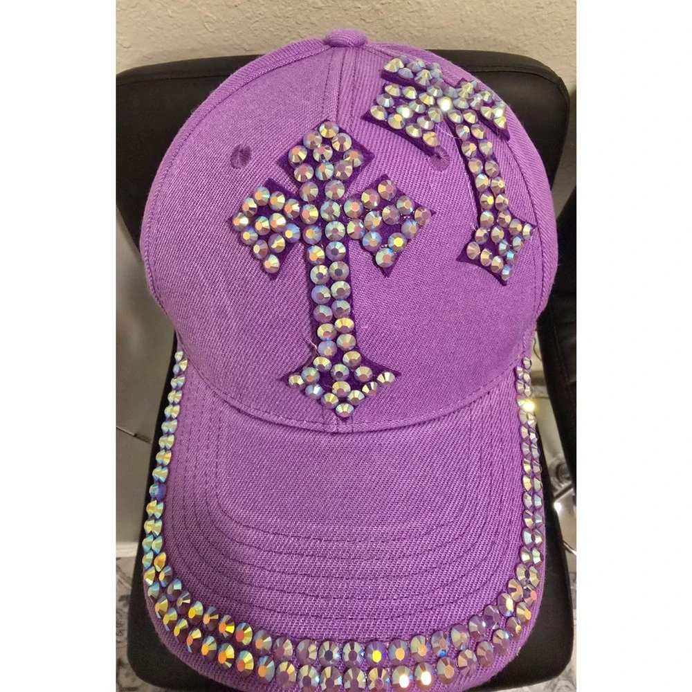 Women’s Purple Rhinestone Cross Baseball Cap Adjustable Bling Hat NWOT
